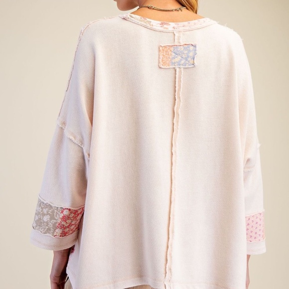NEW EASEL PATCHWORK PRINT MIX WASHED PULLOVER FLORAL 3/4 SLEEVES OVERSIZED SMALL - Picture 5 of 10